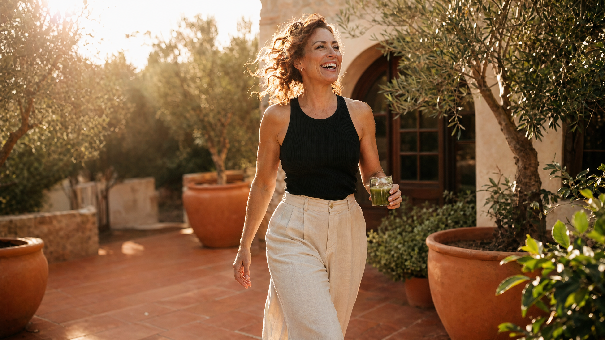 A joyful Allure RT MX bariatric patient walking through a sun-lit garden