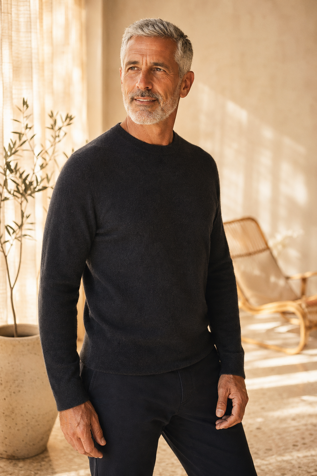 Vital man in cashmere, sunlit minimalist wellness suite