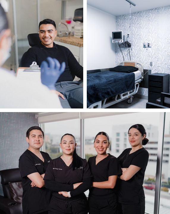 A three-up Allure RT MX collage: a smiling patient in consult, a private recovery room, and the clinical team in branded scrubs.