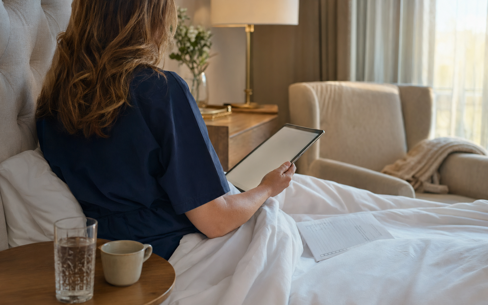 A patient sits up in a private recovery suite reviewing a checklist on a tablet.