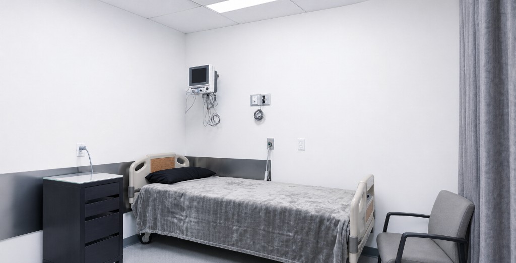 Private recovery room with hospital bed and monitor at the Tijuana clinic